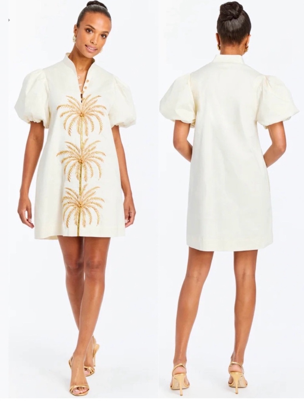 Mestiza Elliana Dress Large Palm Tree Embroidery Short Puff Sleeve Ivory Gold - Picture 7 of 7